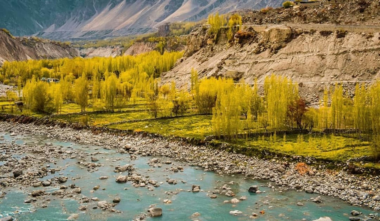 A calm river valley near Gupis in Ghizer, representative of the Khalti Lake area